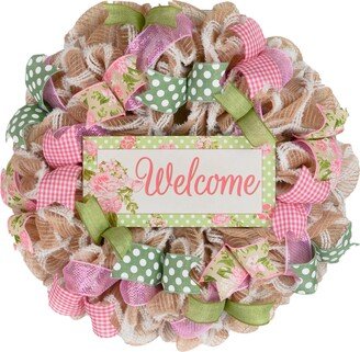 Everyday Floral Welcome Wreath, Jute Burlap Spring Decor, Wedding Gift, Pink Moss Green White