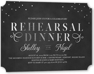 Rehearsal Dinner Invitations: Dazzling Script Confetti Rehearsal Dinner Invitation, Grey, Silver Foil, 5X7, Pearl Shimmer Cardstock, Ticket