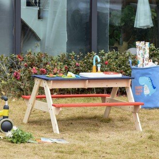 Kids Picnic Table Set with Wooden Bench & Sandbox Kitchen Toys Faucet Water Pump 37