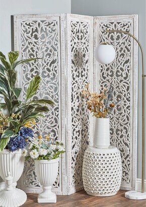 Studio 350 White Washed Distressed Wood Ornate Farmhouse Room Divider Screen