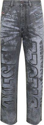 Grey Straight Jeans With Bleached Effect And Logo Lettering Print In Cotton Blend Denim Man