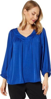 Wide V-Neck Blouse with Shirring (Twilight Blue) Women's Clothing