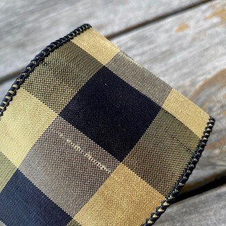 Black And Metallic Gold Checked Wired Ribbon