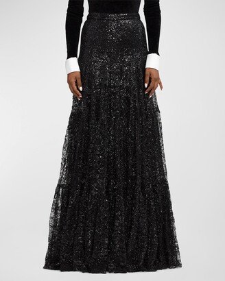 Sutton Sequin Tiered Lace-Overlay Maxi Skirt