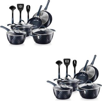 Nonstick Ceramic Cooking Kitchen Cookware Pots and Pan Set with Lids and Utensils, 11 Piece Set, Blue Diamond (2 Pack)