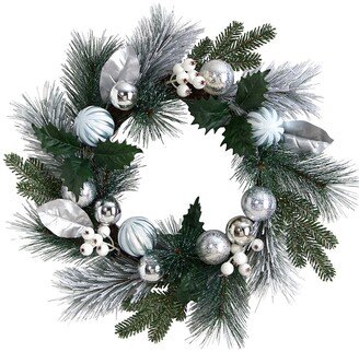 24In Pinecones And Berries Christmas Artificial Wreath With Silver Ornaments