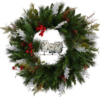 Holiday Winter Owl Family Pinecone Berry Christmas Artificial Wreath, 24