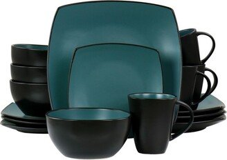 Elite Soho Lounge 16 Piece Square Stoneware Dinnerware Set in Teal and Black