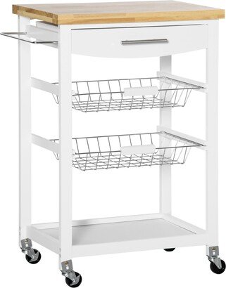 Homcom 3-Tier Utility Kitchen Cart with Handle Bar, Steel Basket Rolling Cart, Food Storage Service Trolley with Drawer, Rubber Wood Top, White - Whit