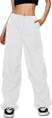 HVEPUO Womens 2023 Parachute Pants Y2K Streetwear Trendy Low Waist Baggy Wide Leg Drawstring Cargo Pants Trousers for Women with 4 Pockets White XL