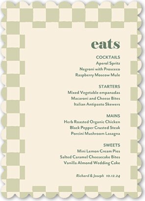 Wedding Menu Cards: Checkerboard Chapel Wedding Menu, Green, 5X7 Flat Menu, Pearl Shimmer Cardstock, Scallop