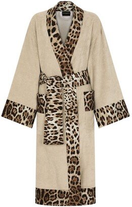 Leopard-Print Trim Belted Bathrobe