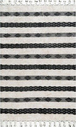 Handmade Striped Delia Shag Area Rug 8x10, Ivory