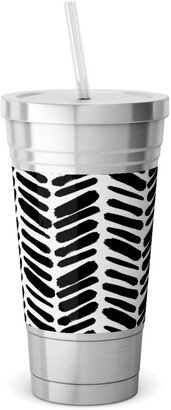 Travel Mugs: Brushstroke Chevrons Stainless Tumbler With Straw, 18Oz, Black