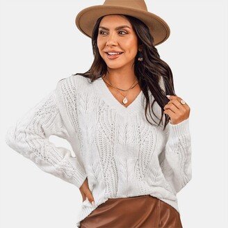 Women' Cable Knit V-Neck Sweater - Cuphe-L-White