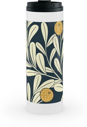 Travel Mugs: Waved Vines And Fruit - Dark Stainless Mug, White, 16Oz, Multicolor