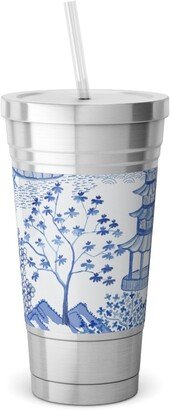 Travel Mugs: Pagoda Forest - Blue Stainless Tumbler With Straw, 18Oz, Blue