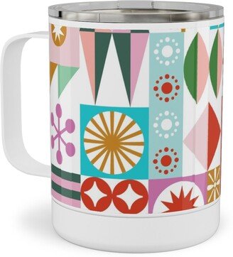 Travel Mugs: Santa's Workshop Geometric Stars Snowflakes Grid Holiday Stripes - Multi Stainless Steel Mug, 10Oz, Multicolor