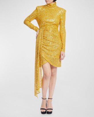 Draped Mock-Neck Sequin Mini Dress