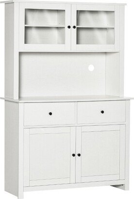 HOMCOM 63.5 Kitchen Buffet with Hutch, Pantry Storage Cabinet with 4 Shelves, Drawers, Framed Glass Doors, Open Microwave Countertop, Antique White