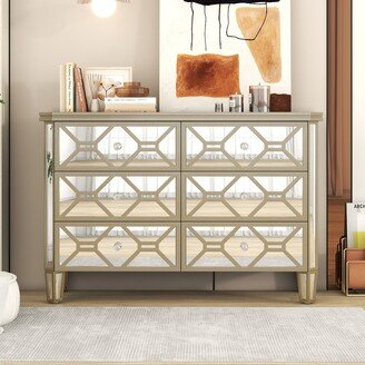 Elegant Mirrored 6-Drawer Dresser with Golden Lines