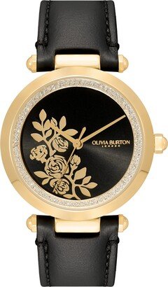 Women's Signature Floral Black Leather Strap Watch 34mm