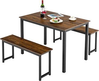 Tangkula 3pcs Dining Table Set for 4 Modern Industrial Counter Height Kitchen Table Set with 2 Benches for Dining Room Brown