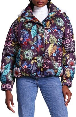 Faux Fur Trim Floral Hooded Puffer Jacket