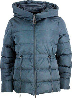 Down Jacket Padded With Real Goose Down Made Of Soft And Precious Technical Fabric With Drawstring At The Waist And Integrated Hood