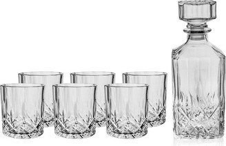 Fifth Avenue Campbel Whiskey Decanter and Glass Set, 7-Piece Set for Liquor, Scotch, 6 Matching DOF Tumblers, Elegant Liquor Carafe w/ Stopper