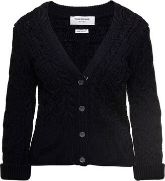 Crisscross Cable Stitch 3/4 Sleeve V Neck Cardigan In Merino Wool W/ Rolled Cuffs And Rwb Tabs