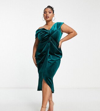 ASOS DESIGN Curve off shoulder twist front wrap velvet midi dress in forest green