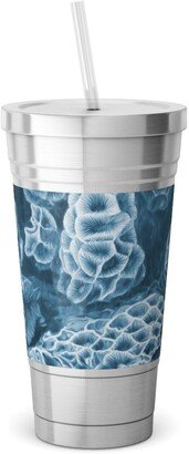 Travel Mugs: Coral All Over In Sea Blue Stainless Tumbler With Straw, 18Oz, Blue