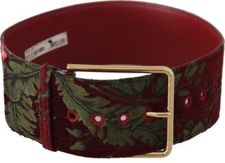 Red Embroidered Leather Gold Logo Metal Buckle Women's Belt