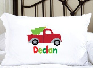 Personalized Christmas Pillowcase With Truck & Tree. Adorable Pillow Case Cute Truck Carrying A Tree