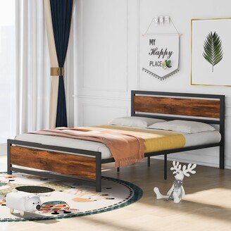 Gerojo Queen Size Metal Platform Bed with Wood Headboard&Footboard, No Box Spring Needed, Easy to Assemble