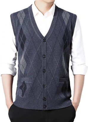 Dninmim Men's Rhombus Knitted Sweater Vest Business Casual Sleeveless Jumpers Tank Tops Gray Asian XL(72-78kg)