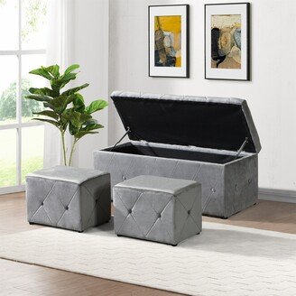 BESTCOSTY 1 Piece Rectangular Storage Ottoman Short velvet with 2 Set Ottomans