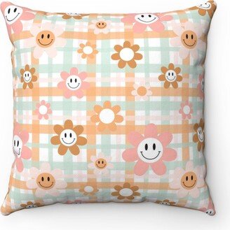 Retro Smiley Face Flower Pillow, Daisy Pillow Cover, Cute Vintage Throw Happy 70's Vibes Home Decor