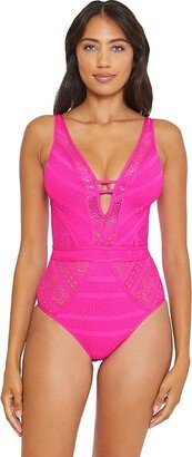 Color Play Crochet Plunge One-Piece (Pink Flambe) Women's Swimsuits One Piece