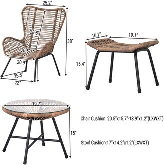 5 Piece Patio Rattan Conversation Set, PE Wicker Arm Chairs with Stools and Tempered Glass Tea Table