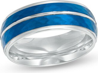 Men's 8.0mm Hammered Double Stripe Wedding Band in White and Blue IP Stainless Steel