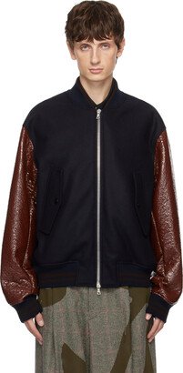 Navy Zip Faux-Leather Bomber Jacket