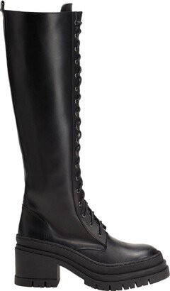 Leather Heeled Lace Up Tall Boots Knee Boots Black