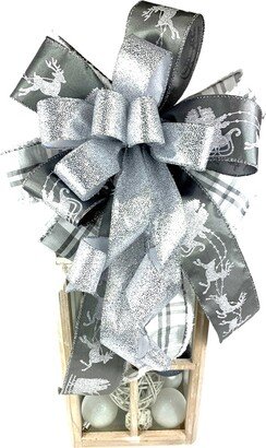 Outdoor Pewter, Gray & White Christmas Bow, Gray Dupioni Bow For Front Porch Post, Mailbox Big Door