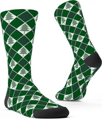 Socks: Christmas Tree Checkers - Green Custom Socks, Green