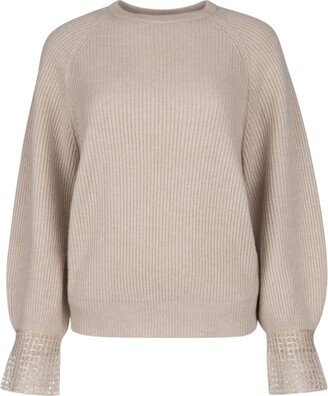 Contrast-Cuff Crewneck Knitted Jumper