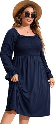 KOJOOIN Women's Plus Size Ruffle Long Sleeve Dress Square Neck High Waist Smocked Tunic Maxi Dress Maternity Dress Navy Blue 2XL