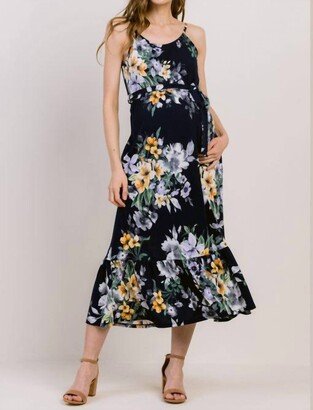 Hello Miz Floral Waist Tie Camisole Maternity Dress In Navy