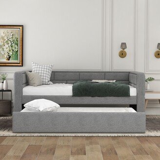 EDWINRAY Twin Size Upholstered Daybed with Trundle & Padded Back, Grey